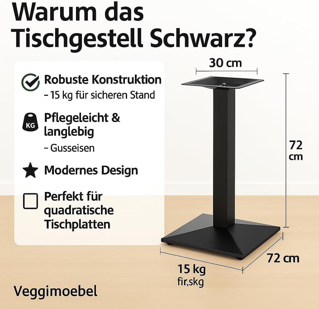 Tischgestell Schwarz | TBC311S | Gusseisen | Höhe 72 cm | Gewicht 15 kg | Bodenplatte 40x40 cm | Für Tischplatten bis 80x80 cm